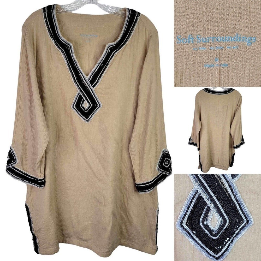 Soft Surroundings Tunic Top Beaded Tan Black Cotton Long Sleeve Shirt
